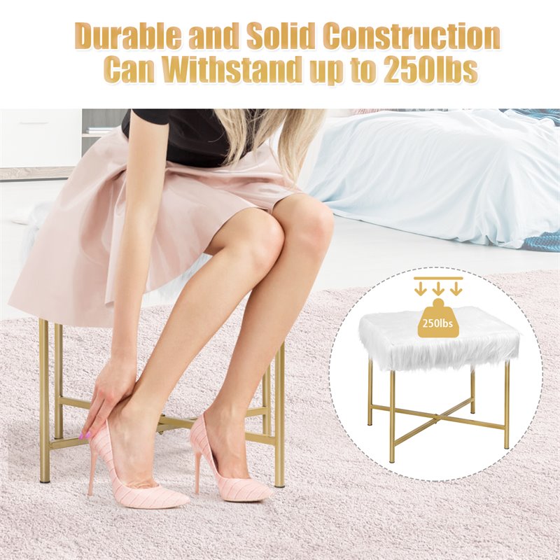 Pemberly Row Contemporary Faux-Fur Plush Footrest Stool with Metal Legs in White