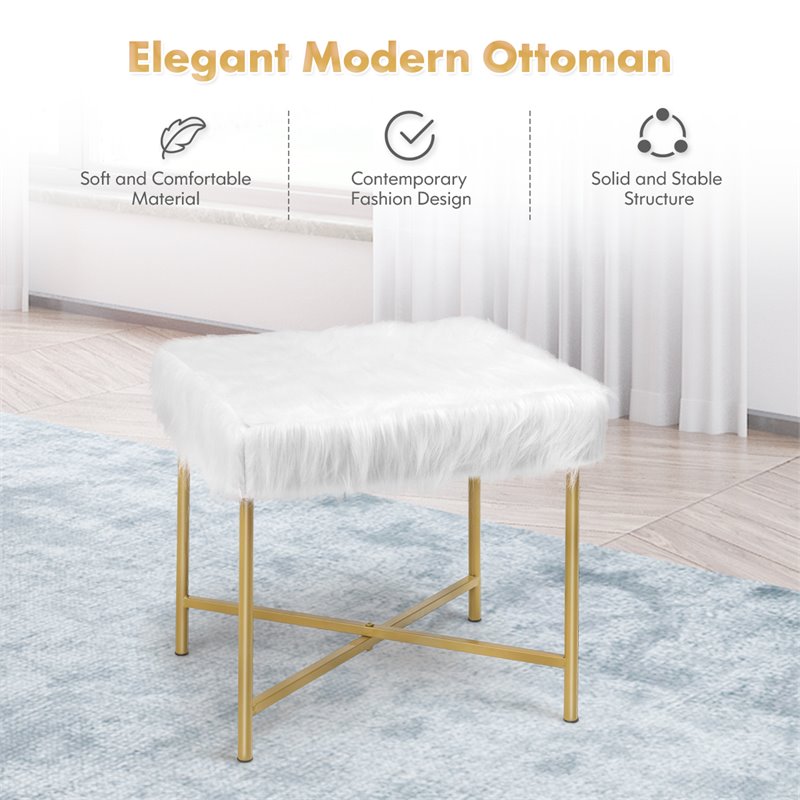 Pemberly Row Contemporary Faux-Fur Plush Footrest Stool with Metal Legs in White