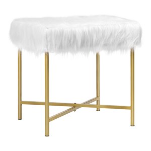 Pemberly Row Contemporary Faux-Fur Plush Footrest Stool with Metal Legs in White