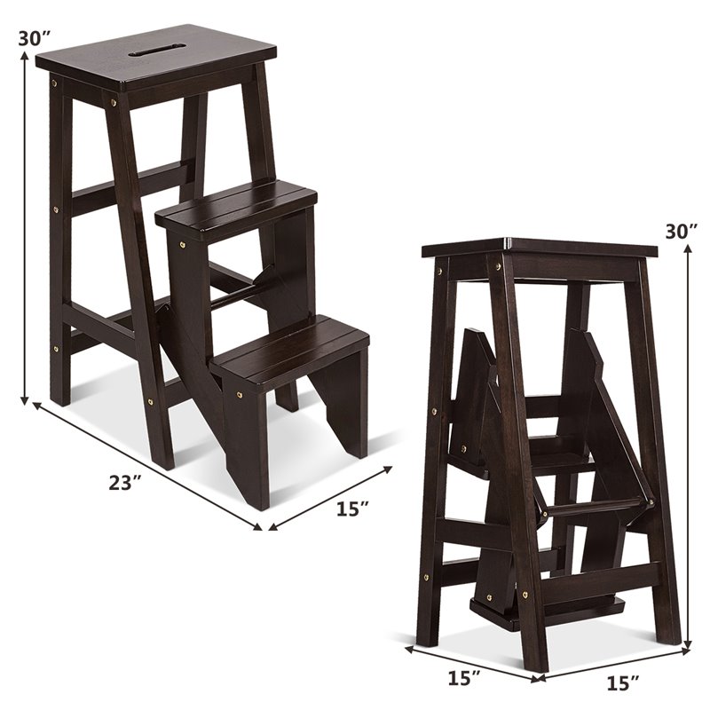 Pemberly Row 3-tier Rubber Wood Portable Folding Step Stool in Coffee