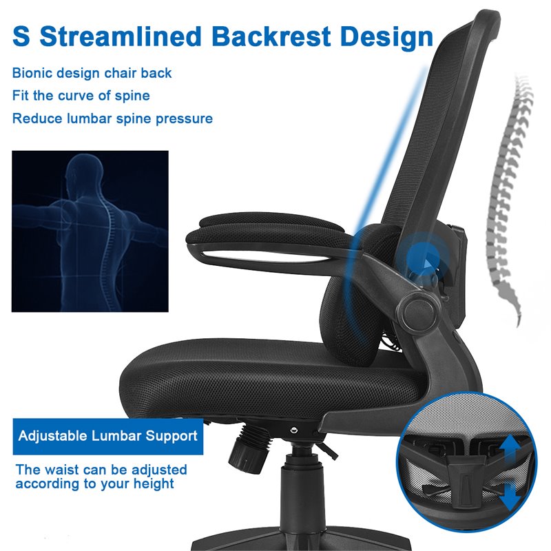 Pemberly Row Plastic and Sponge Mesh Office Chair with Lumbar Support in Black