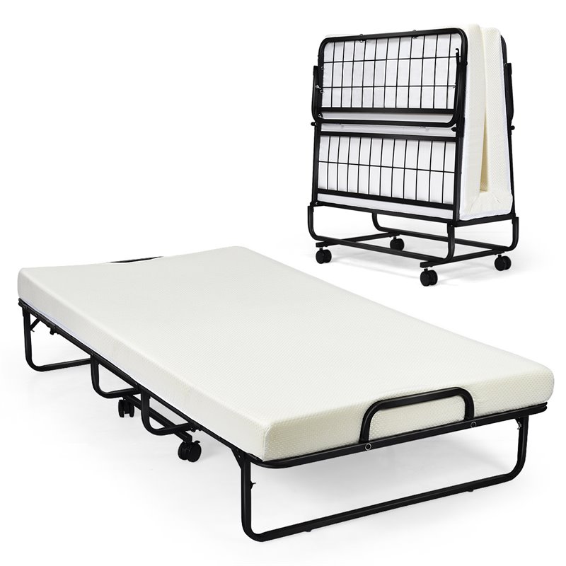 Pemberly Row Steel Foldable Daybed with 4 inch Memory Foam Mattress in White