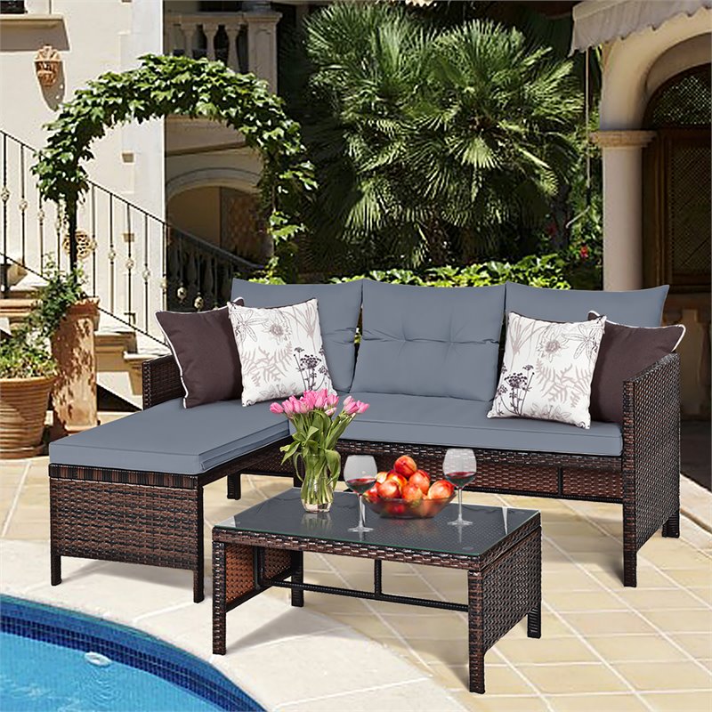 Pemberly Row 3-piece Wicker Rattan Patio L-shape Corner Sofa Set in Gray