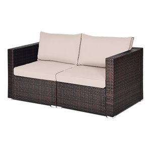 Pemberly Row 2-Pc Rattan Patio Corner Sofa Set w/ Beige Cushion in Brown Finish