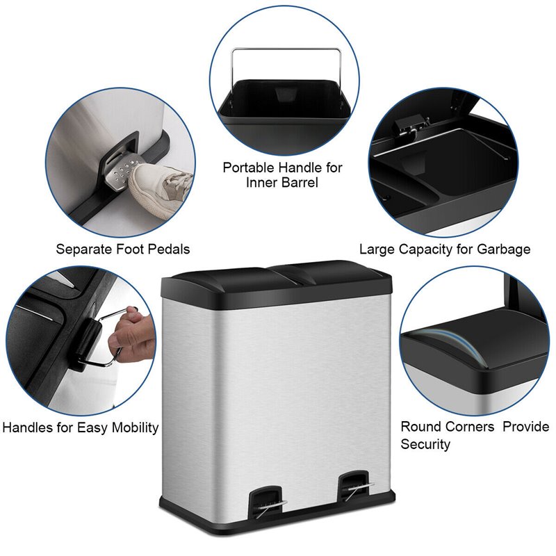 Pemberly Row 16-gallon Stainless Steel Dual Step Trash Can in Silver