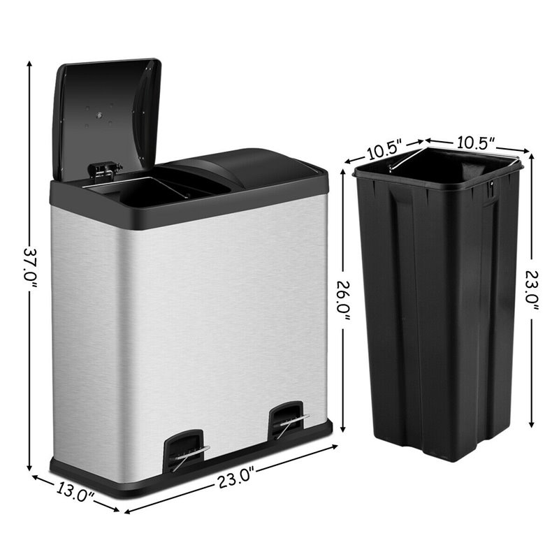 Pemberly Row 16-gallon Stainless Steel Dual Step Trash Can in Silver