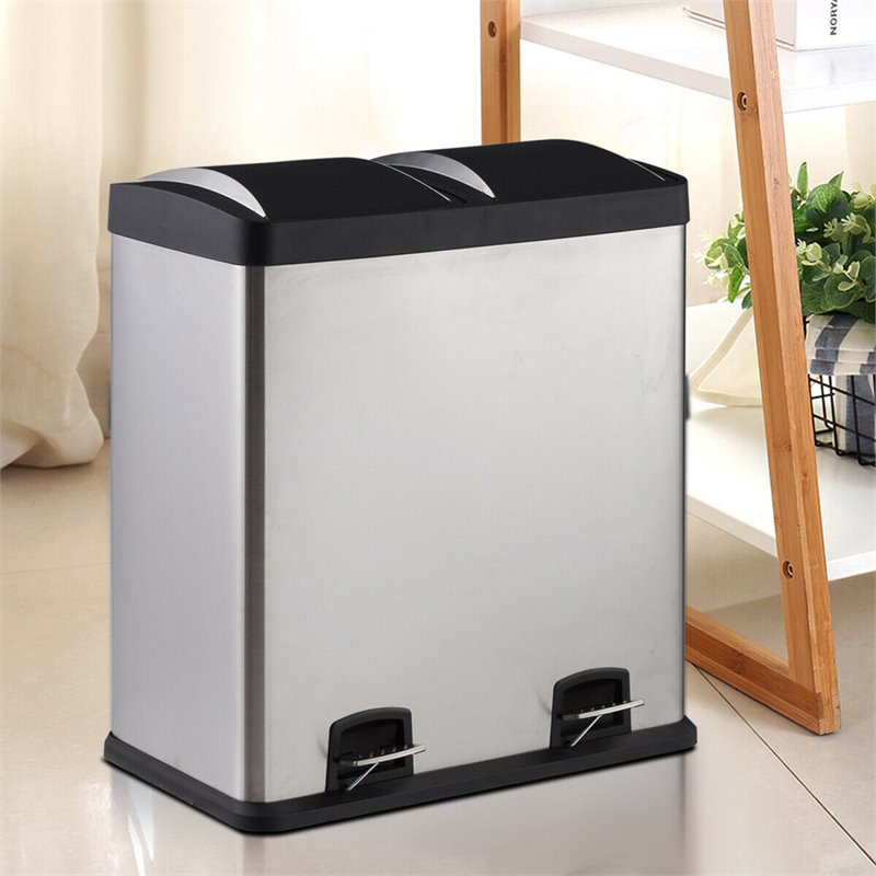 Pemberly Row 16-gallon Stainless Steel Dual Step Trash Can in Silver