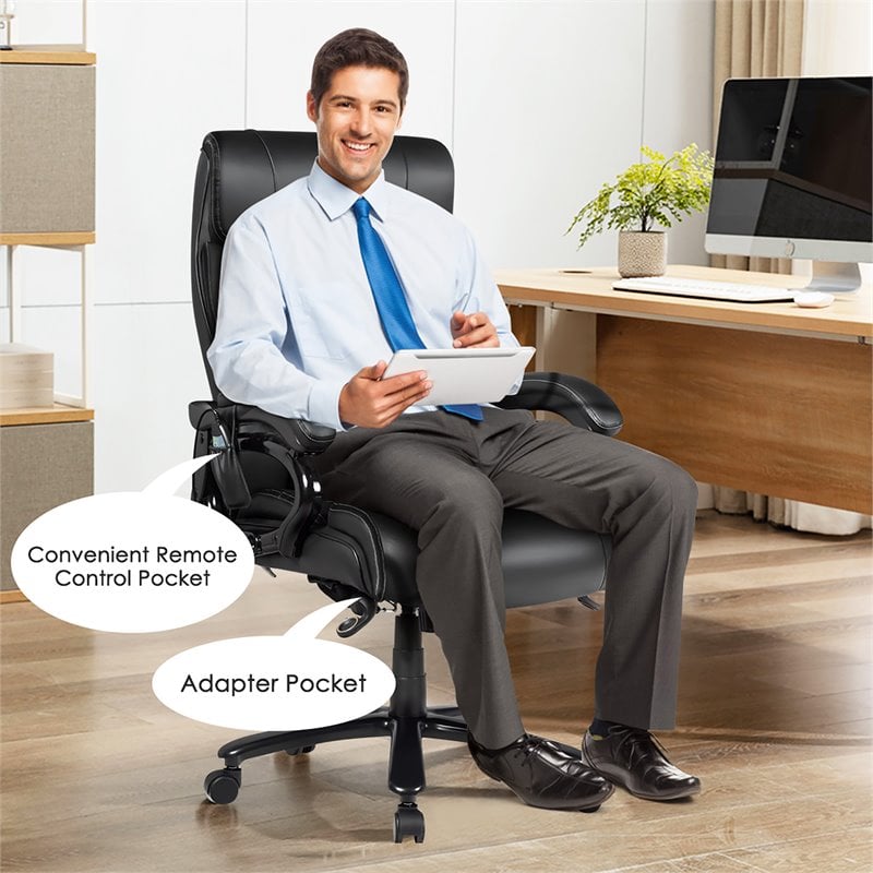 Pemberly Row Faux Leather Big & Tall 400lb Massage Office Chair in Black