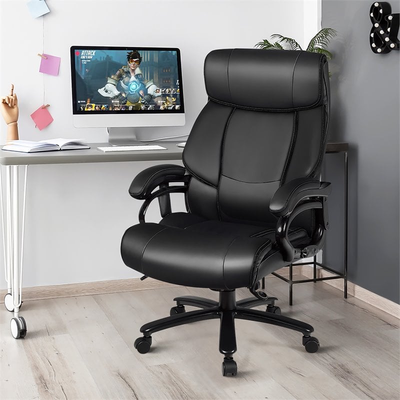 Pemberly Row Faux Leather Big & Tall 400lb Massage Office Chair in Black