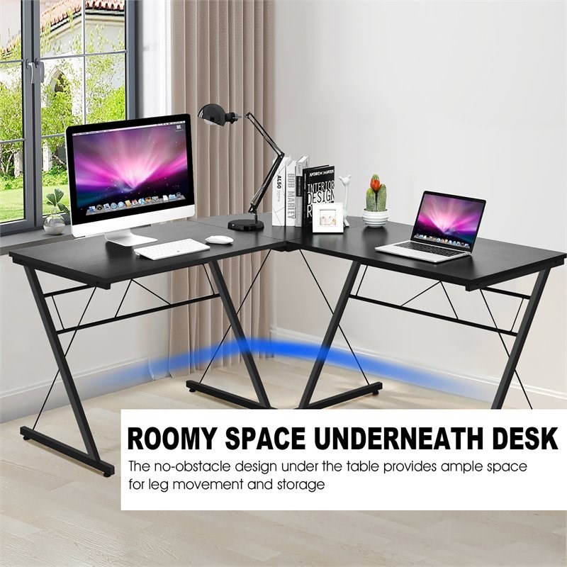 Pemberly Row 59'' L-Shaped Contemporary MDF and Iron Computer Desk in Black