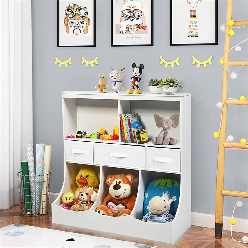 Pemberly Row Wood Freestanding Combo Shelf Cubby Bin with 3 Baskets in White