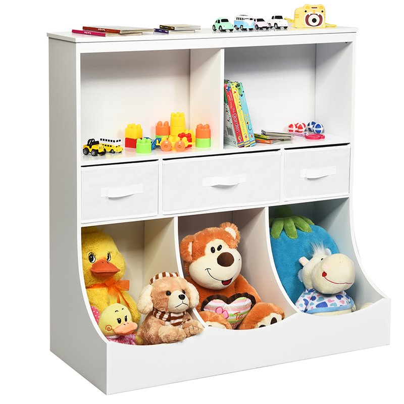 Pemberly Row Wood Freestanding Combo Shelf Cubby Bin with 3 Baskets in White
