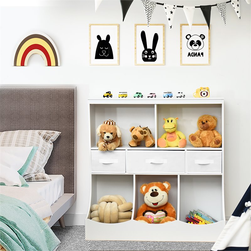 Pemberly Row Wood Freestanding Combo Shelf Cubby Bin with 3 Baskets in White