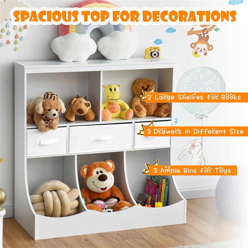 Pemberly Row Wood Freestanding Combo Shelf Cubby Bin with 3 Baskets in White