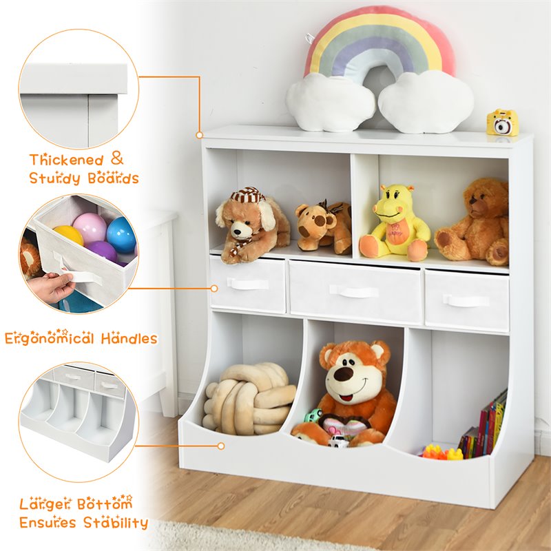 Pemberly Row Wood Freestanding Combo Shelf Cubby Bin with 3 Baskets in White
