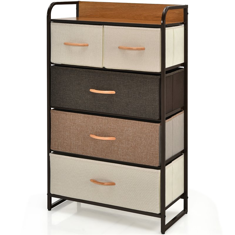 Pemberly Row 5-Drawer/4-Tier Dresser Storage Organizer Tower w/ Wood Top - Cream