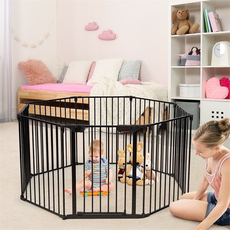 Pemberly Row 8-panel Contemporary Metal Adjustable Baby Safety Gate in Black