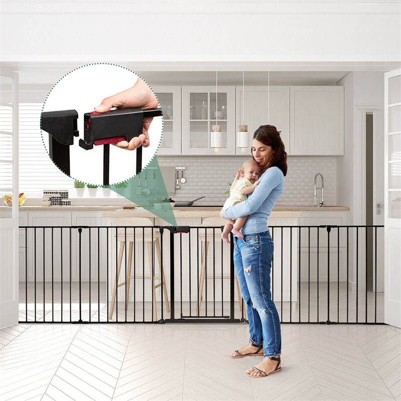 Pemberly Row 8-panel Contemporary Metal Adjustable Baby Safety Gate in Black