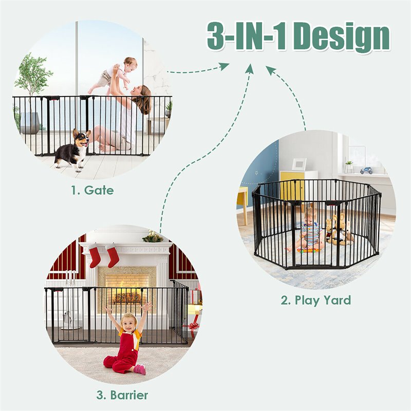 Pemberly Row 8-panel Contemporary Metal Adjustable Baby Safety Gate in Black