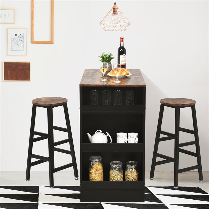 Pemberly Row 3-Pc Industrial Steel Counter Bar Table Set with Storage in Black