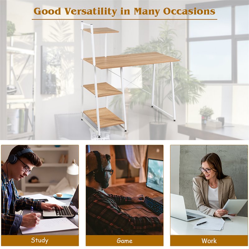 Pemberly Row Contemporary Engineered Wood Computer Desk with Shelves in Natural