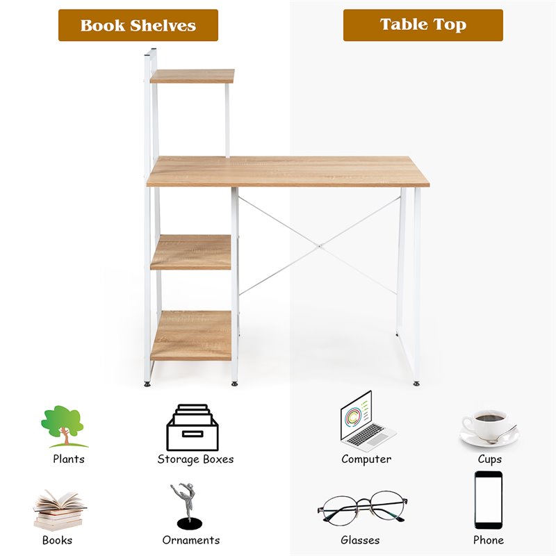 Pemberly Row Contemporary Engineered Wood Computer Desk with Shelves in Natural