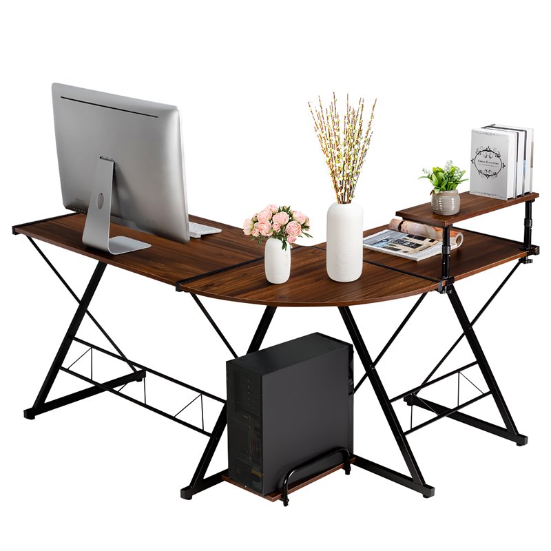 Pemberly Row 58''x44'' L-Shaped Computer Gaming Desk w/ Monitor Stand in Walnut