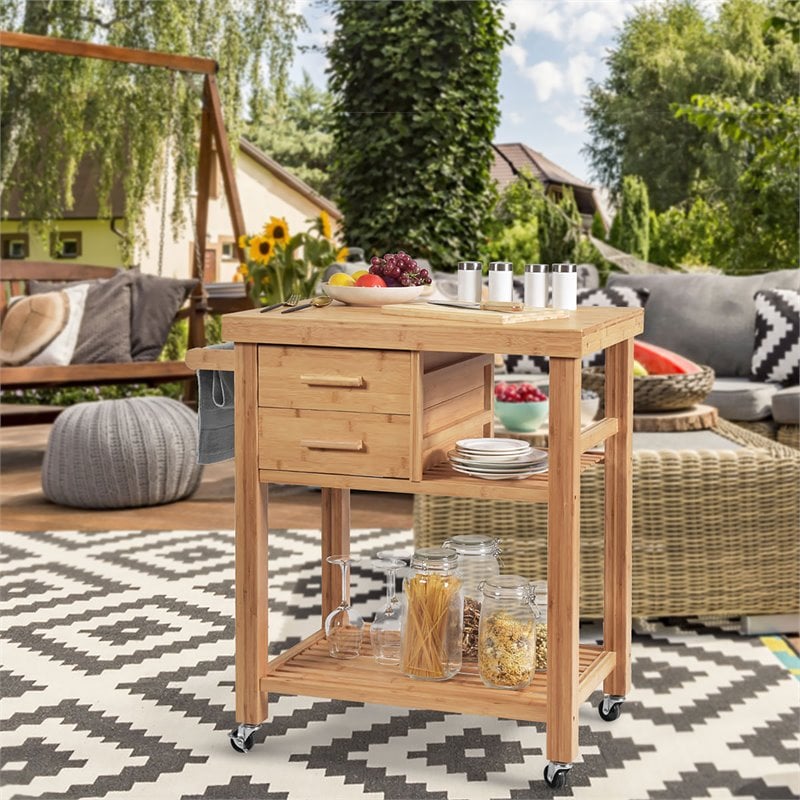 Pemberly Row Bamboo Kitchen Trolley Cart with Tower Rack & Drawers in Natural