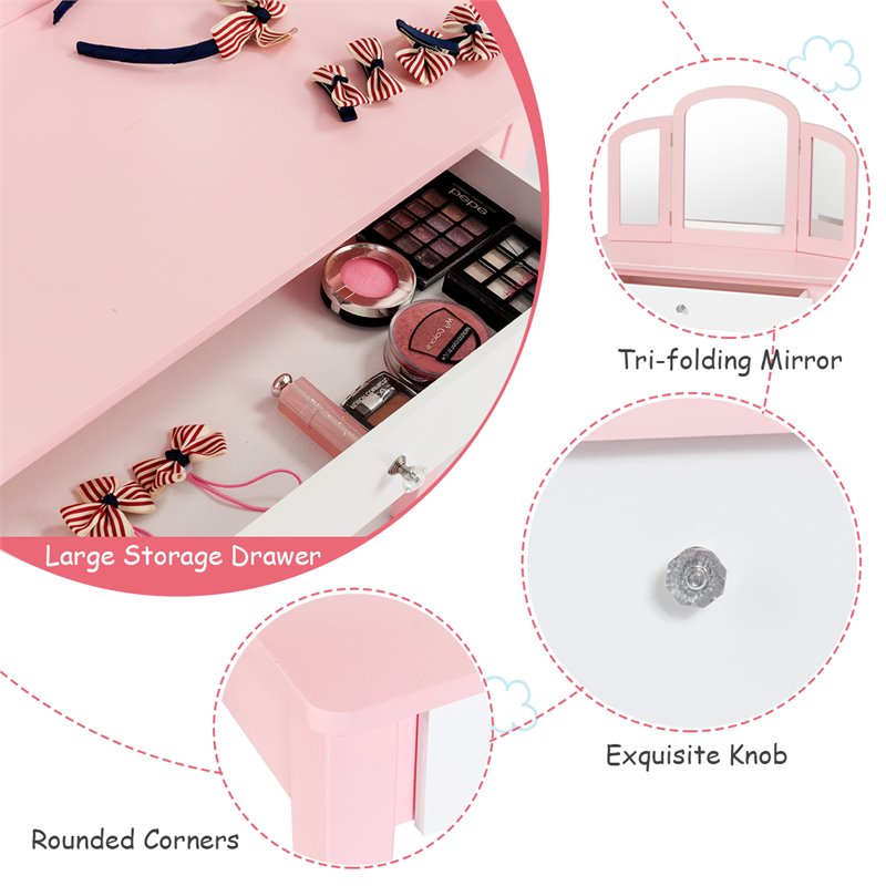 Pemberly Row Contemporary MDF & Pine Wood Kids Vanity Set with Mirror in Pink