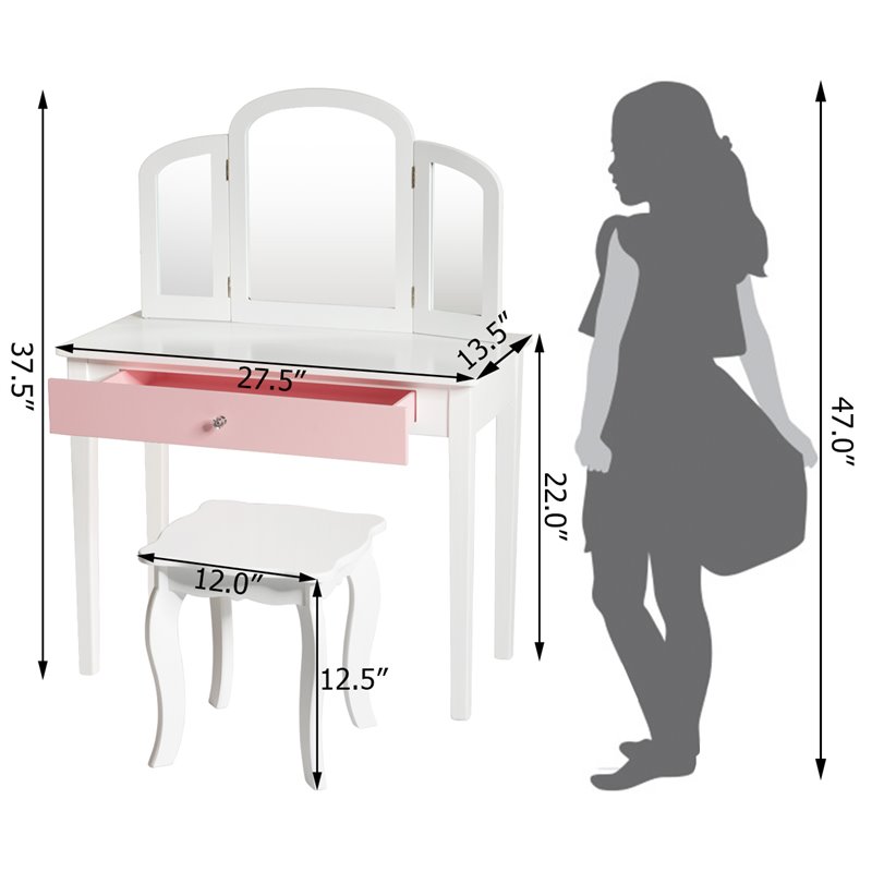 Pemberly Row Contemporary MDF & Pine Wood Kids Vanity Set with Mirror in White