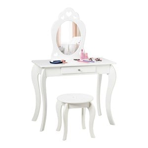 Pemberly Row MDF & Pine Wood Kids 2-in-1 Vanity Set with Mirror in White
