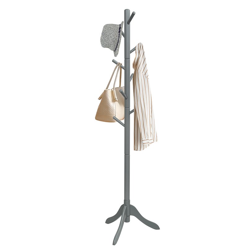 Pemberly Row Rubber Wood Adjustable Height Coat Rack with 8 Hooks in Gray