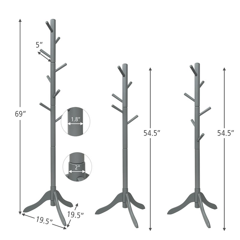 Pemberly Row Rubber Wood Adjustable Height Coat Rack with 8 Hooks in Gray