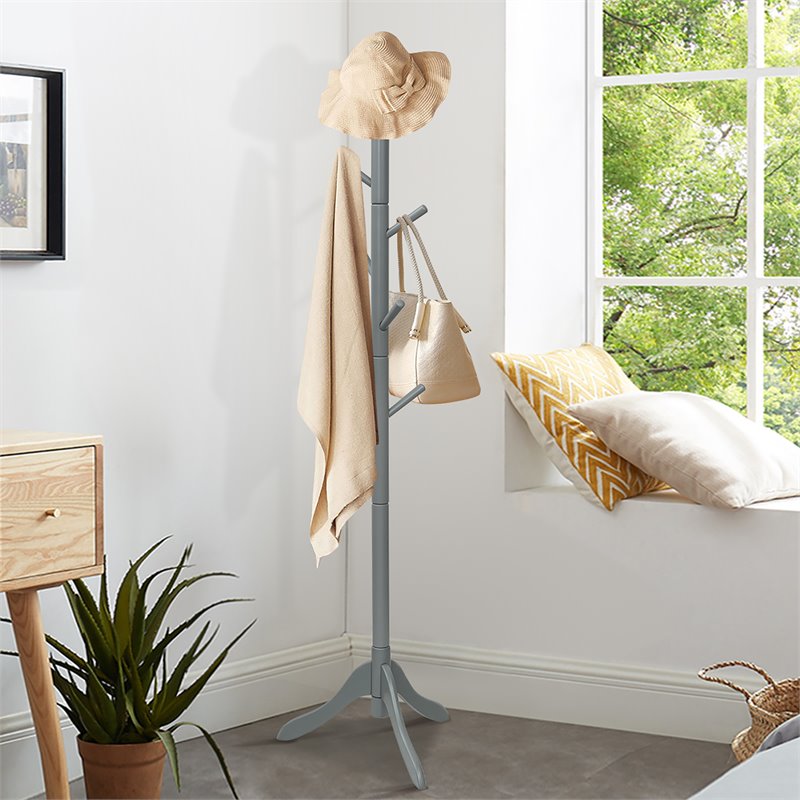 Pemberly Row Rubber Wood Adjustable Height Coat Rack with 8 Hooks in Gray