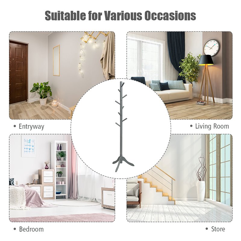 Pemberly Row Rubber Wood Adjustable Height Coat Rack with 8 Hooks in Gray