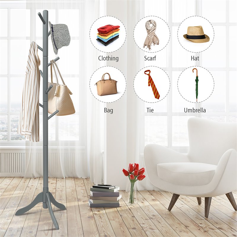 Pemberly Row Rubber Wood Adjustable Height Coat Rack with 8 Hooks in Gray