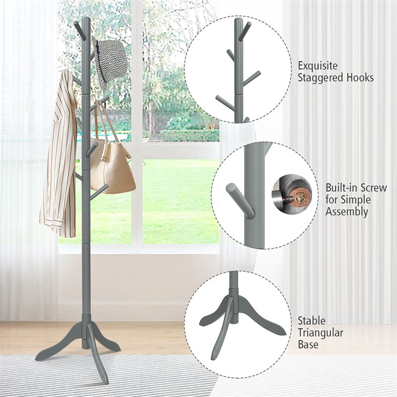 Pemberly Row Rubber Wood Adjustable Height Coat Rack with 8 Hooks in Gray