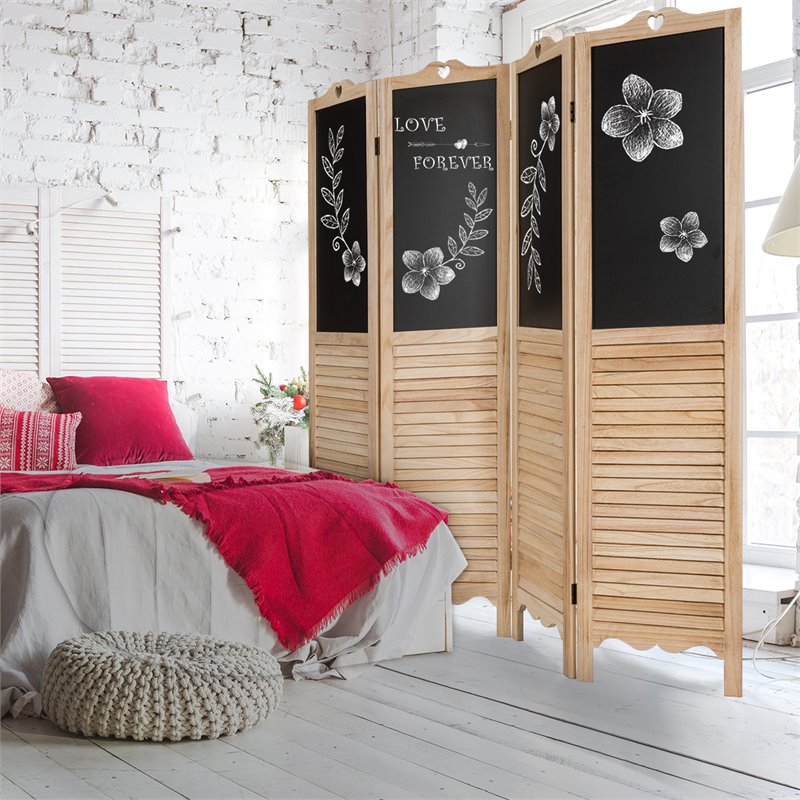 Pemberly Row 4-Panel Wood Folding Divider Screen with Chalkboard in Natural