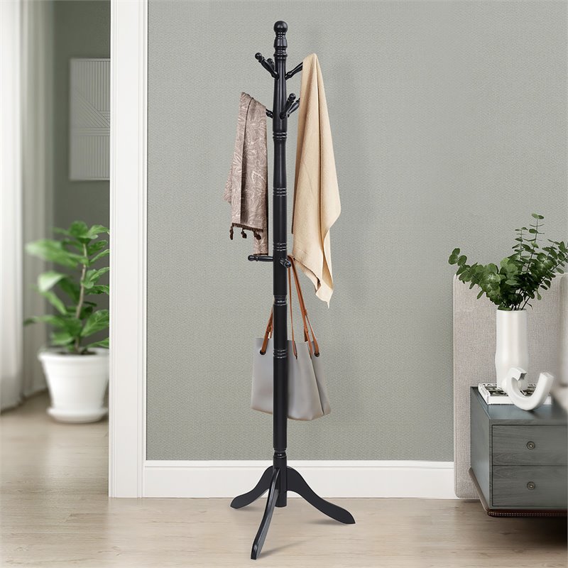 Pemberly Row Rubber Wood Adjustable Height Coat Rack with 9 Hooks in Black