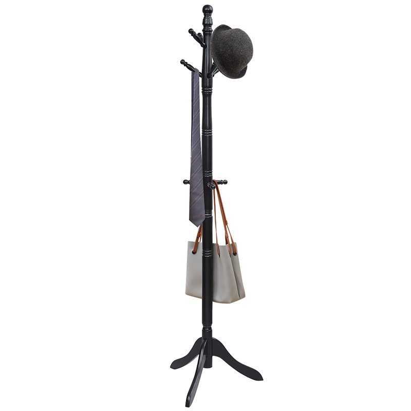 Pemberly Row Rubber Wood Adjustable Height Coat Rack with 9 Hooks in Black