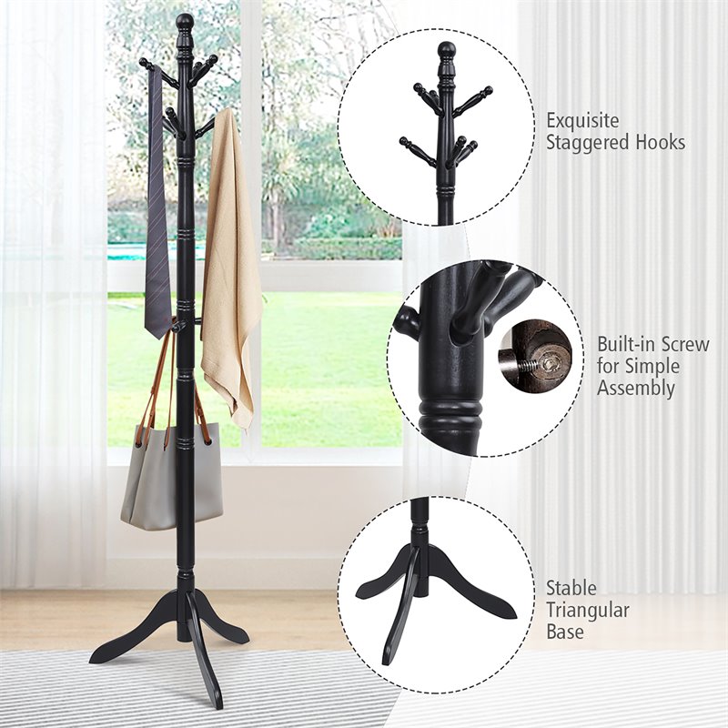 Pemberly Row Rubber Wood Adjustable Height Coat Rack with 9 Hooks in Black
