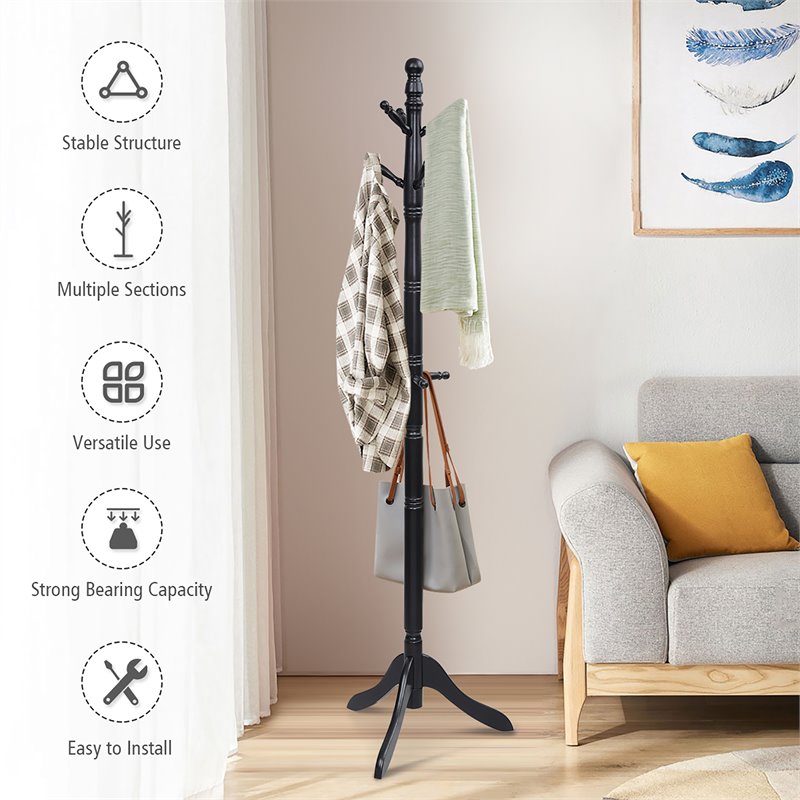 Pemberly Row Rubber Wood Adjustable Height Coat Rack with 9 Hooks in Black