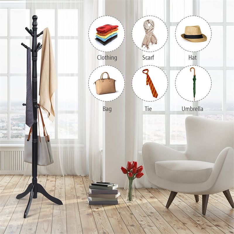 Pemberly Row Rubber Wood Adjustable Height Coat Rack with 9 Hooks in Black