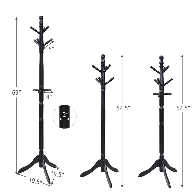 Pemberly Row Rubber Wood Adjustable Height Coat Rack with 9 Hooks in Black