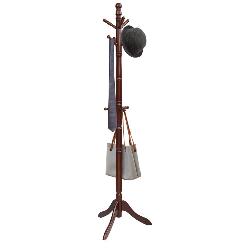 Pemberly Row Rubber Wood Adjustable Height Coat Rack with 9 Hooks in Walnut