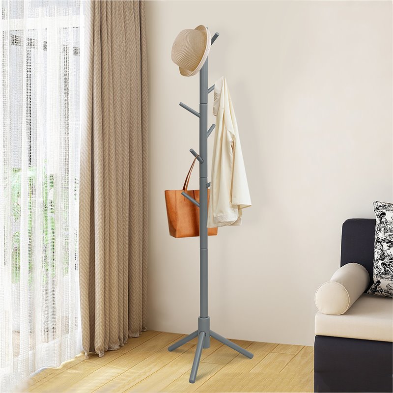Pemberly Row Rubber Wood Two Heights Coat Rack with 8 Hooks in Gray
