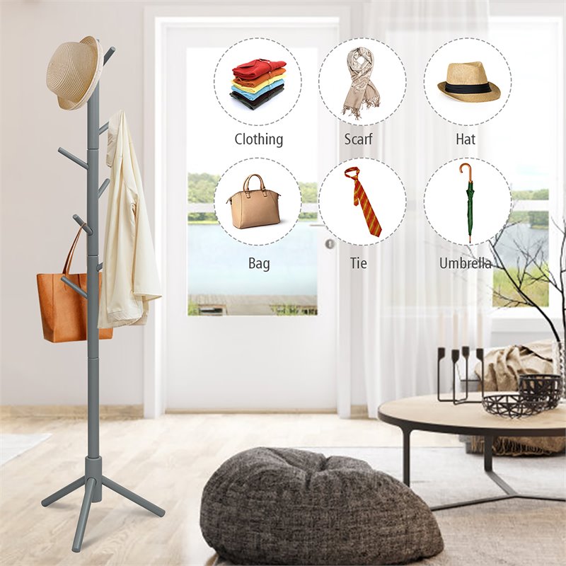 Pemberly Row Rubber Wood Two Heights Coat Rack with 8 Hooks in Gray
