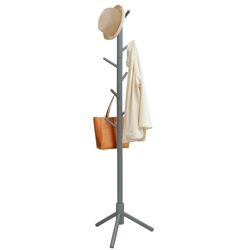 Pemberly Row Rubber Wood Two Heights Coat Rack with 8 Hooks in Gray