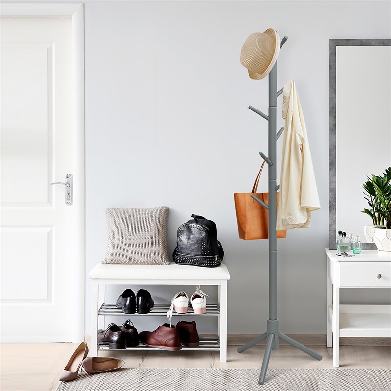 Pemberly Row Rubber Wood Two Heights Coat Rack with 8 Hooks in Gray