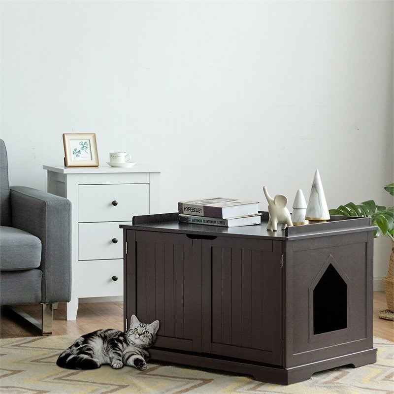 Pemberly Row Cabinet Furniture Storage Bench and Cat Litter Box in Black
